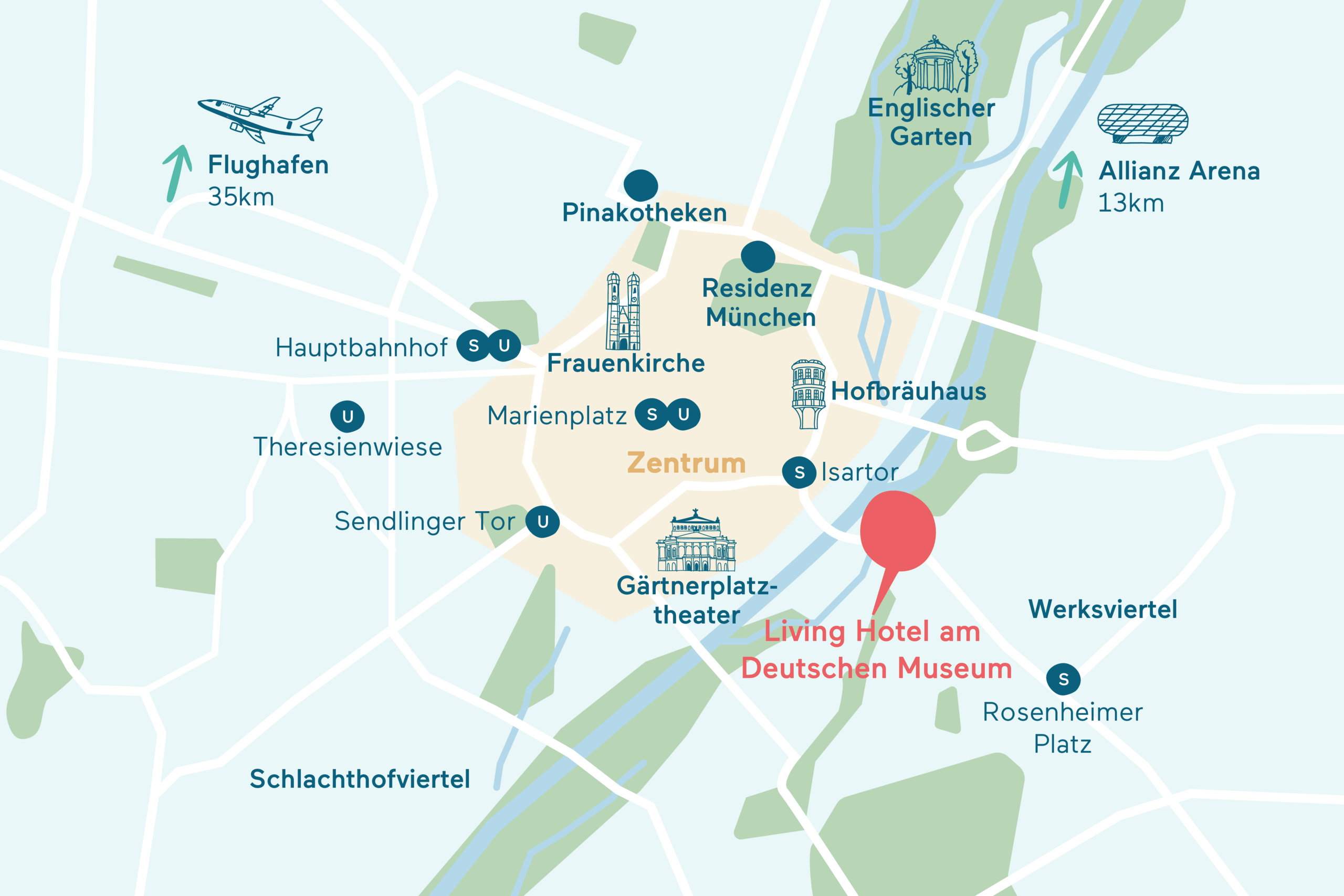 Anfahrt&Parken Karte Living Hotel am Deutschen Museum Grafische Darstellung des Hotel Standorts