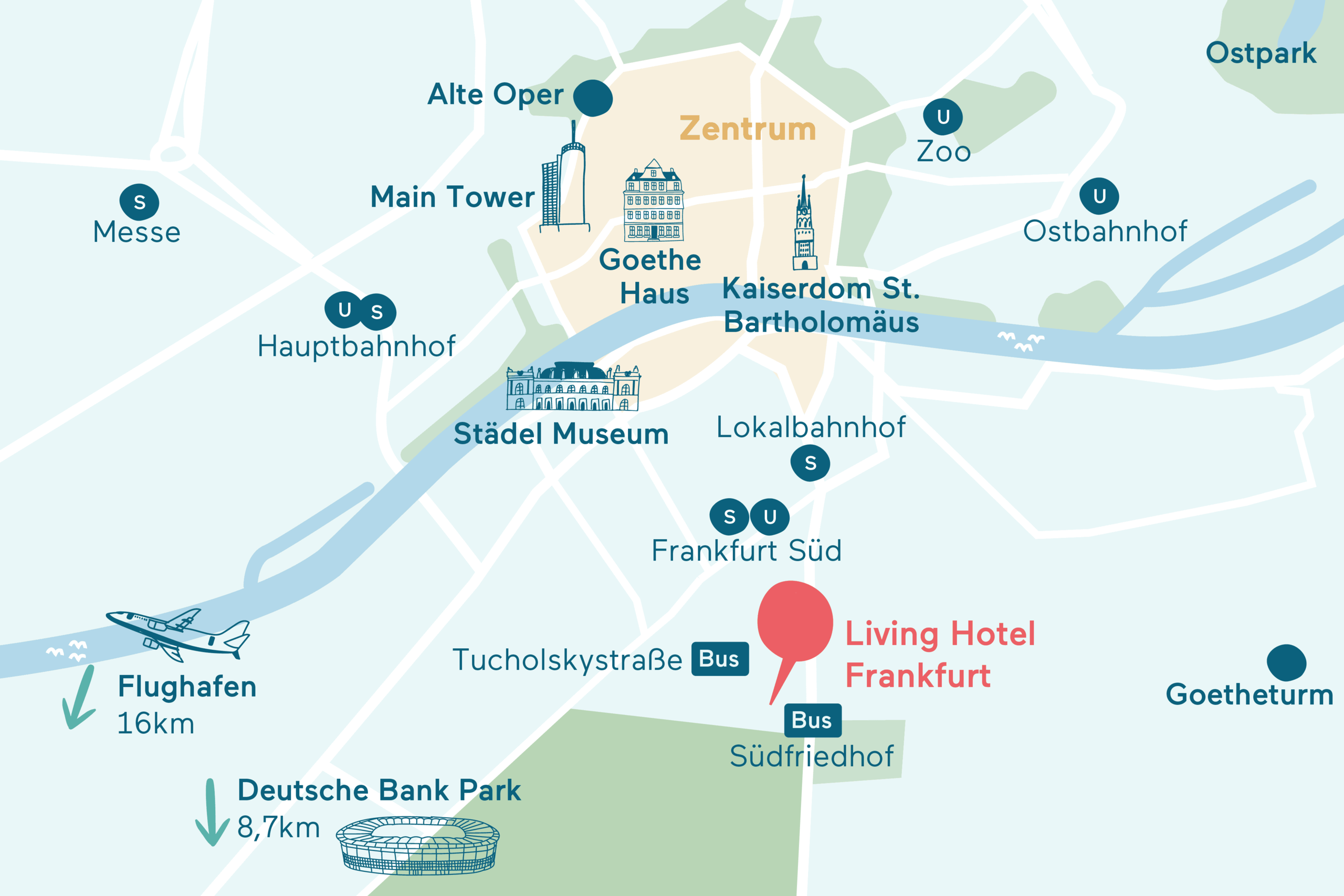 Anfahrt&Parken Karte Living Hotel Frankfurt Grafische Darstellung des Hotel Standorts