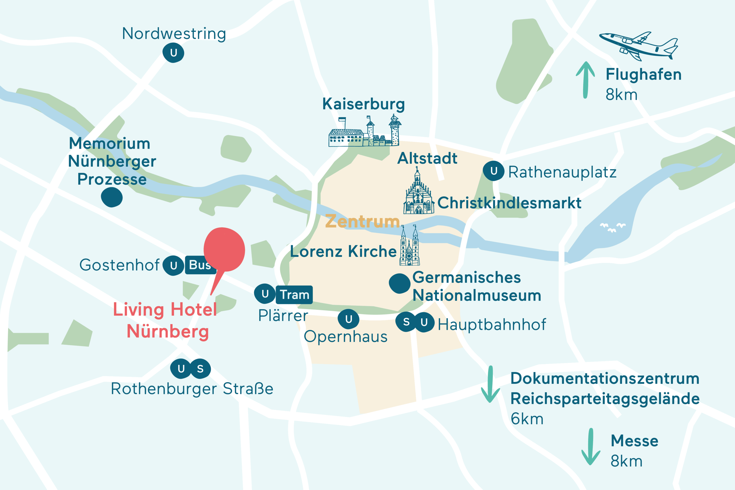 Anfahrt&Parken Karte Living Hotel Nürnberg Grafische Darstellung des Hotel Standorts