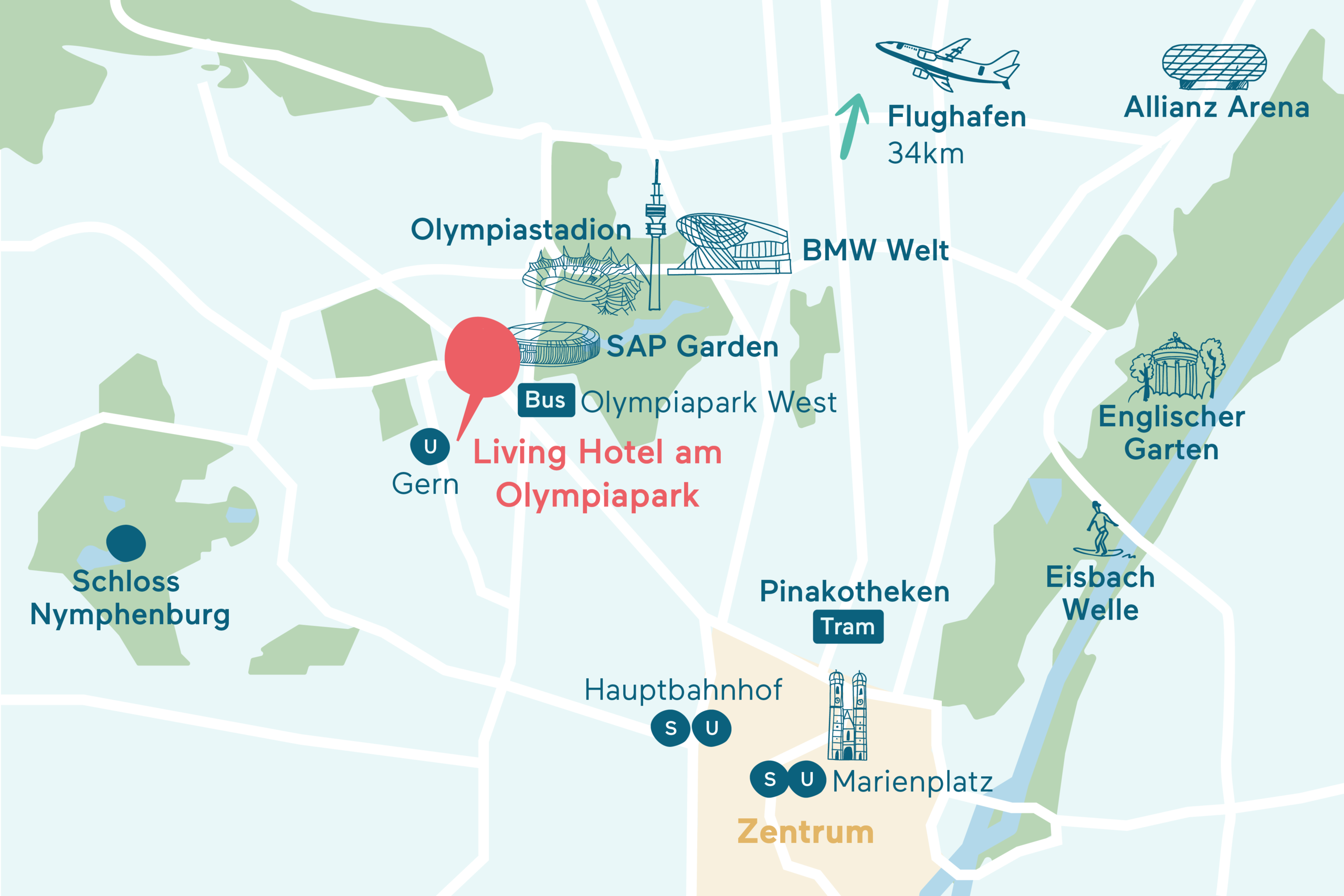Anfahrt&Parken Karte Living Hotel am Olympiapark Grafische Darstellung des Hotel Standorts