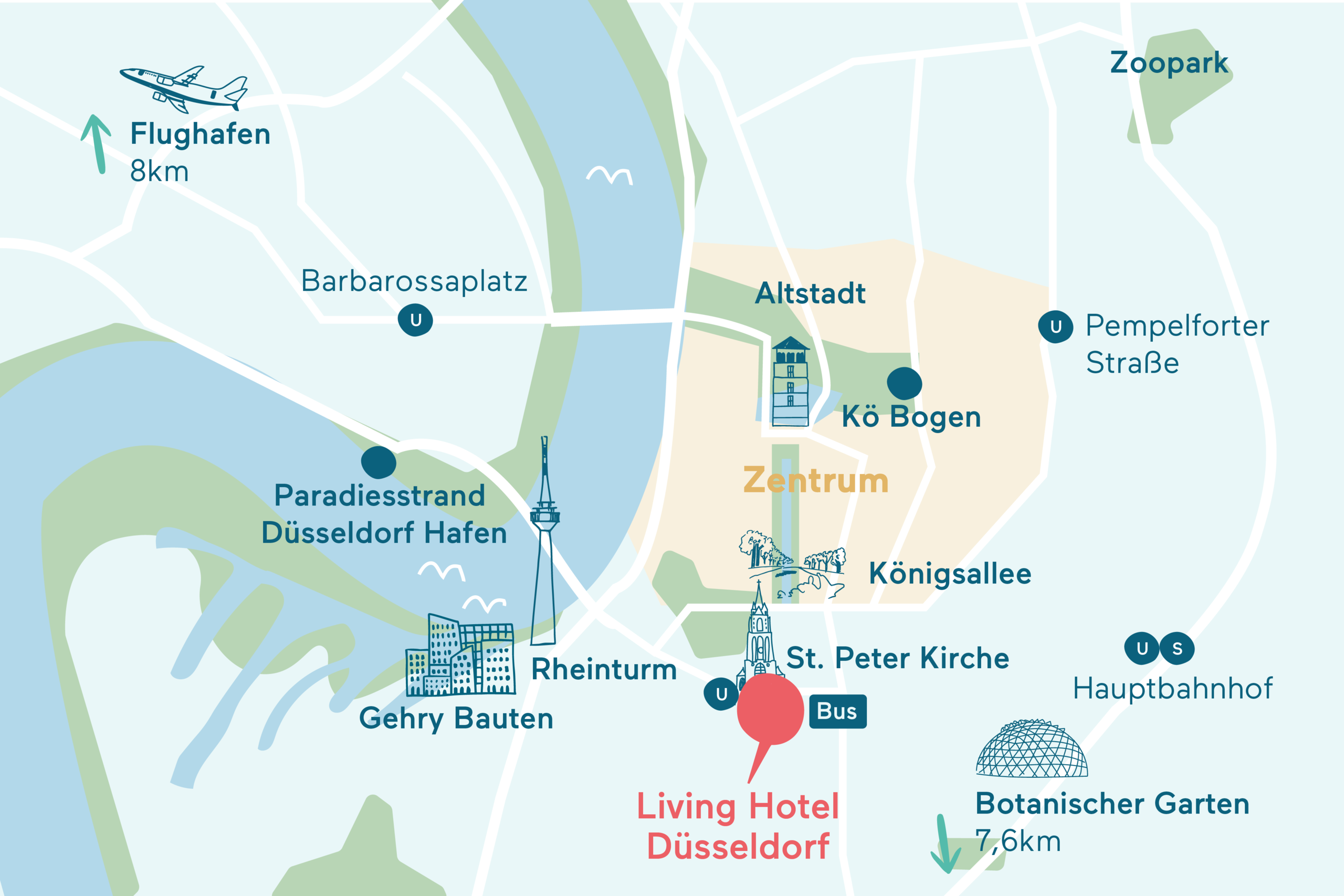 Anfahrt&Parken Karte Living Hotel Düsseldorf Grafische Darstellung des Hotel Standorts in Düsseldorf