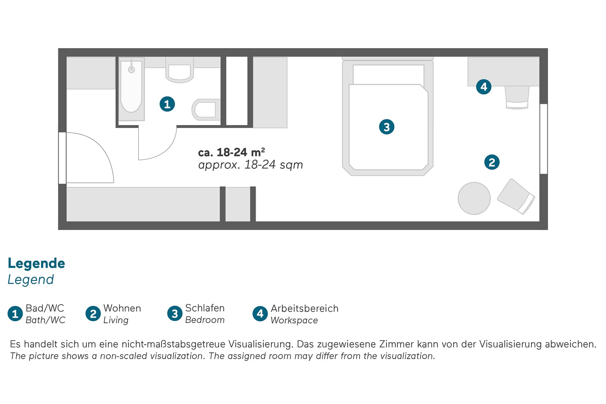 Living Hotel Berlin Mitte Business Grundriss Aufbau eines Zimmers der Buisnesskategorie