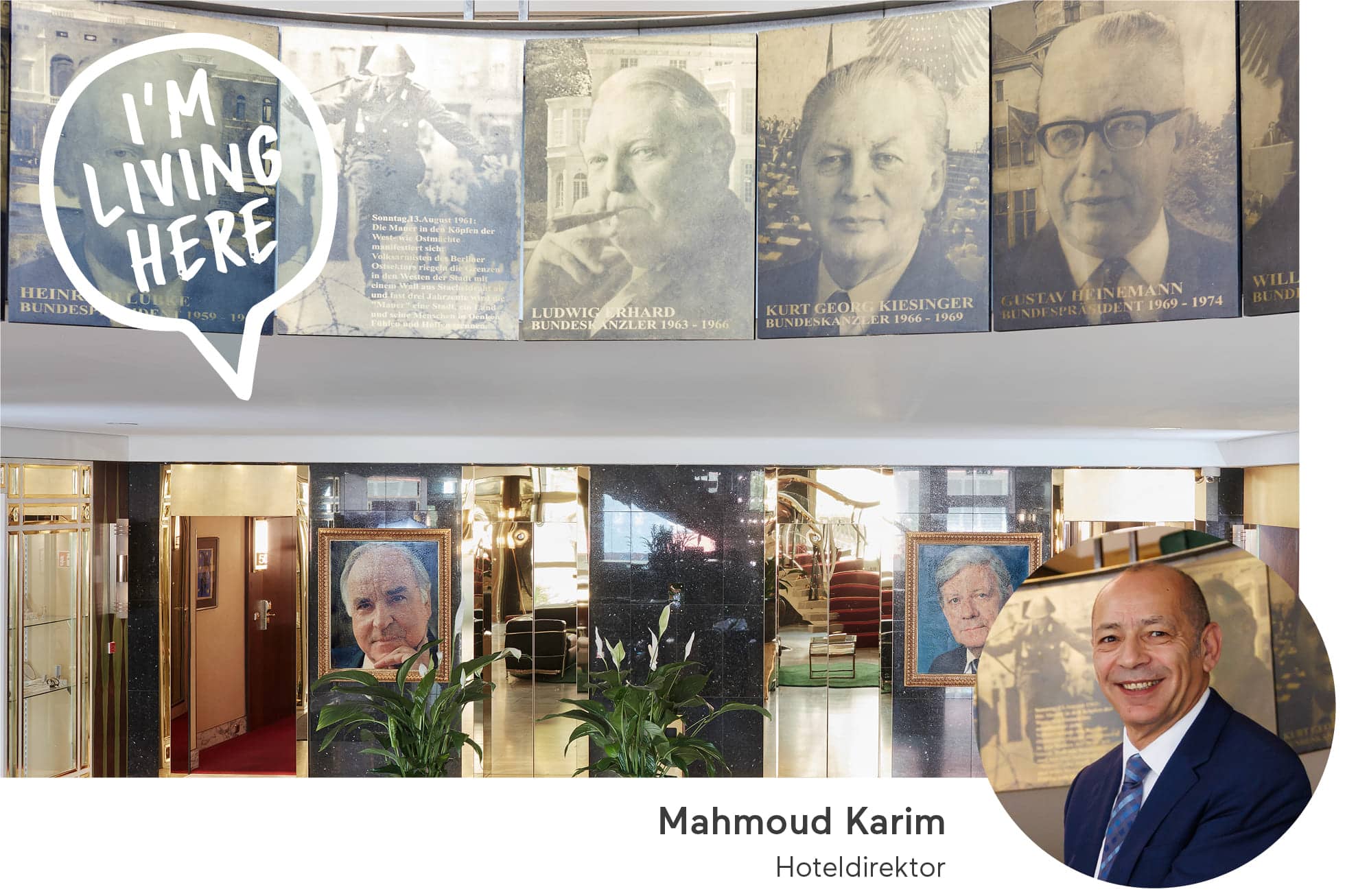 Living Hotel Kanzler Eingangsbereich mit Bild des Direktor Nennung des Direktors und Bildliche Darstellung der Lobby