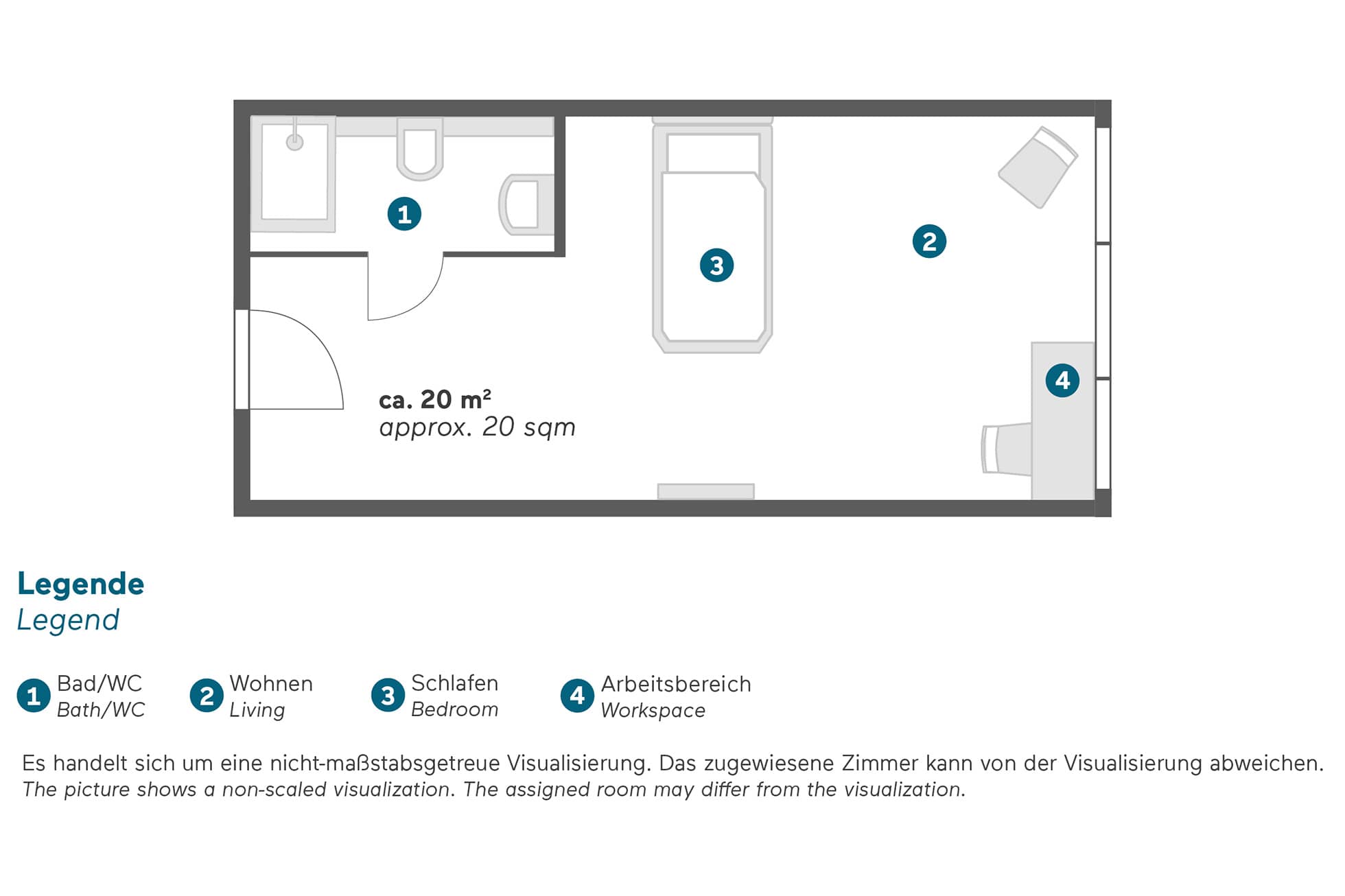 Living Hotel Düsseldorf Einzelzimmer Grundriss Raumaufteilung im Einzelzimmer des Aparthotels