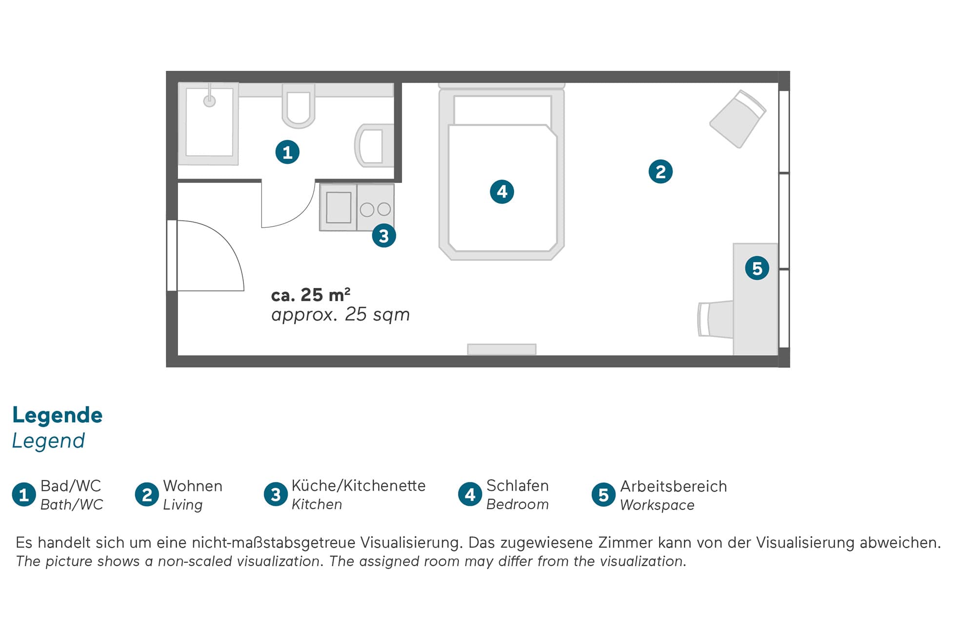 Living Hotel Düsseldorf Business Plus Grundriss Zimmeraufteilung in einem Business Doppelzimmer im Aparthotel