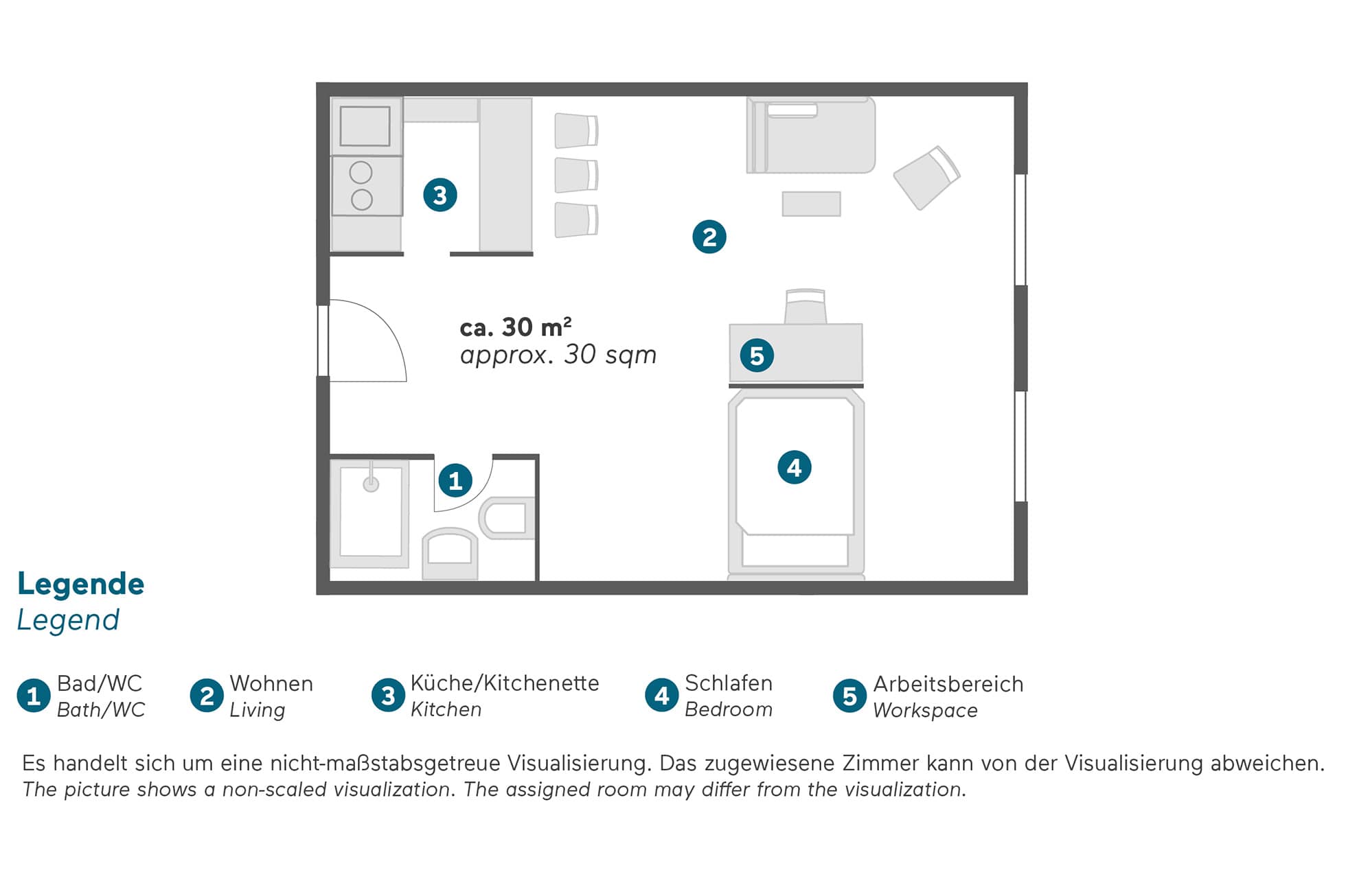 Living Hotel Düsseldorf Deluxe Grundriss Zimmeraufteilung im Apartment