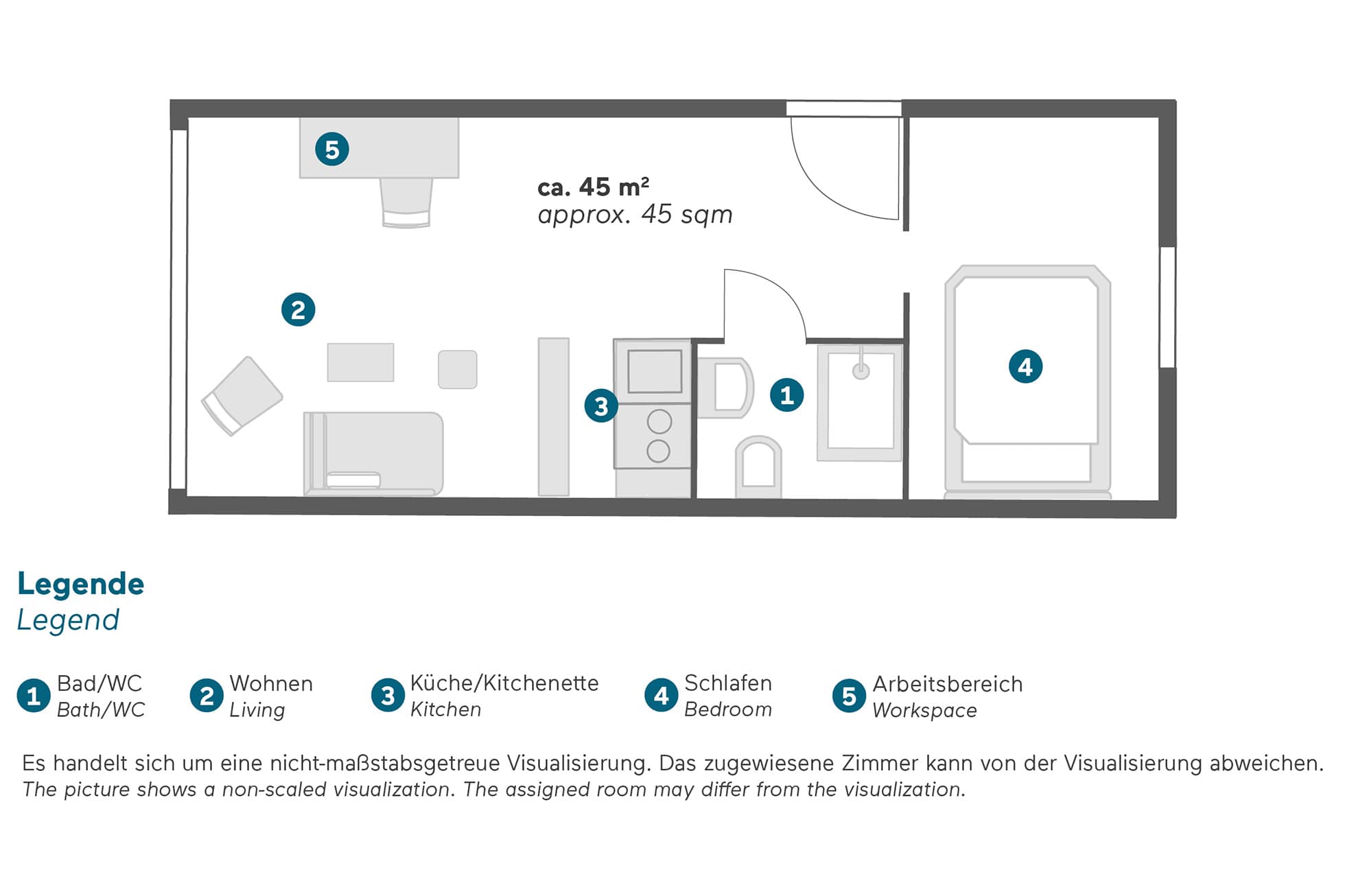 Living Hotel Düsseldorf Superior Apartment Grundriss Apartmentaufteilung im Apartment Hotel