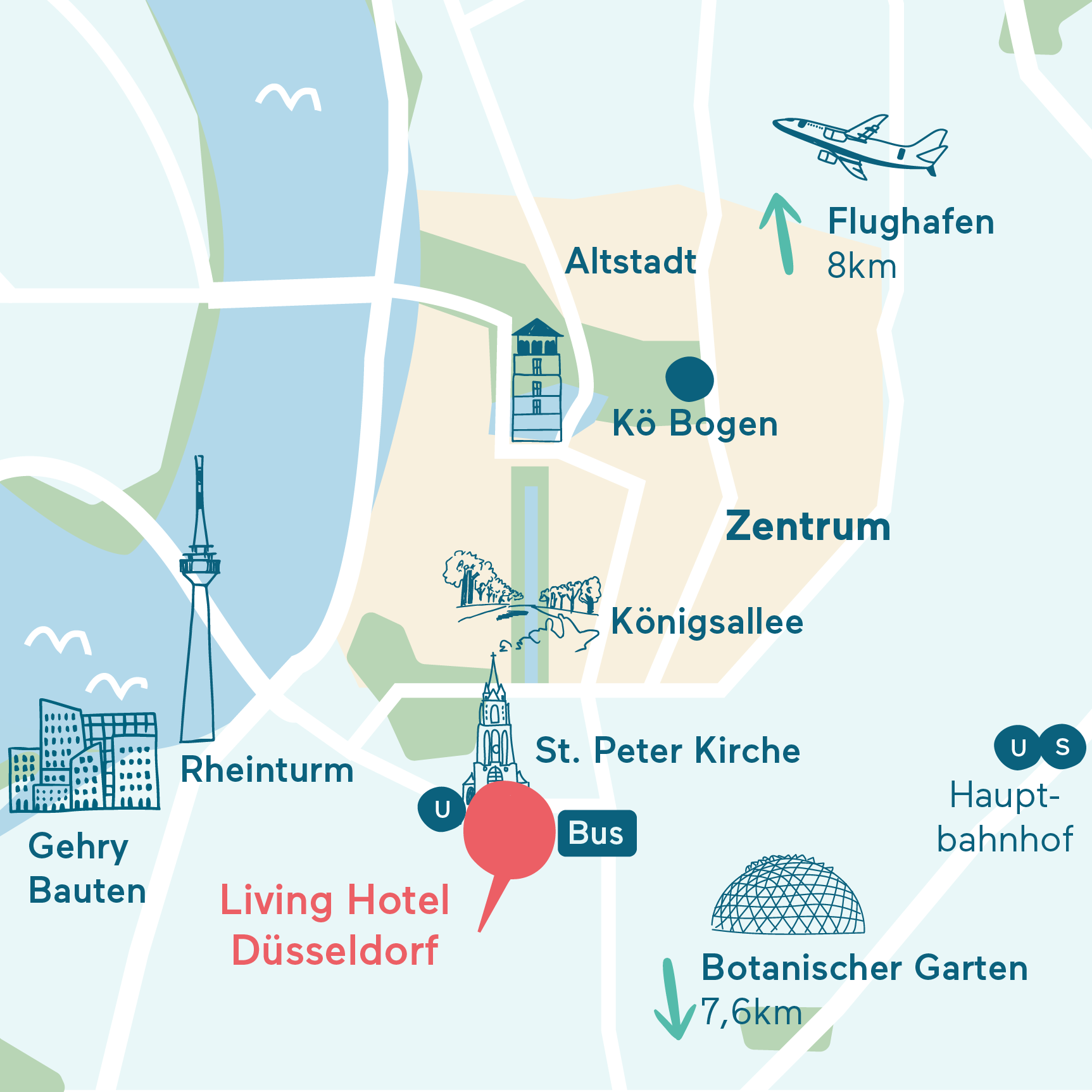 Anfahrt&Parken Karte Living Hotel Düsseldorf Grafische Darstellung des Hotel Standorts in Düsseldorf
