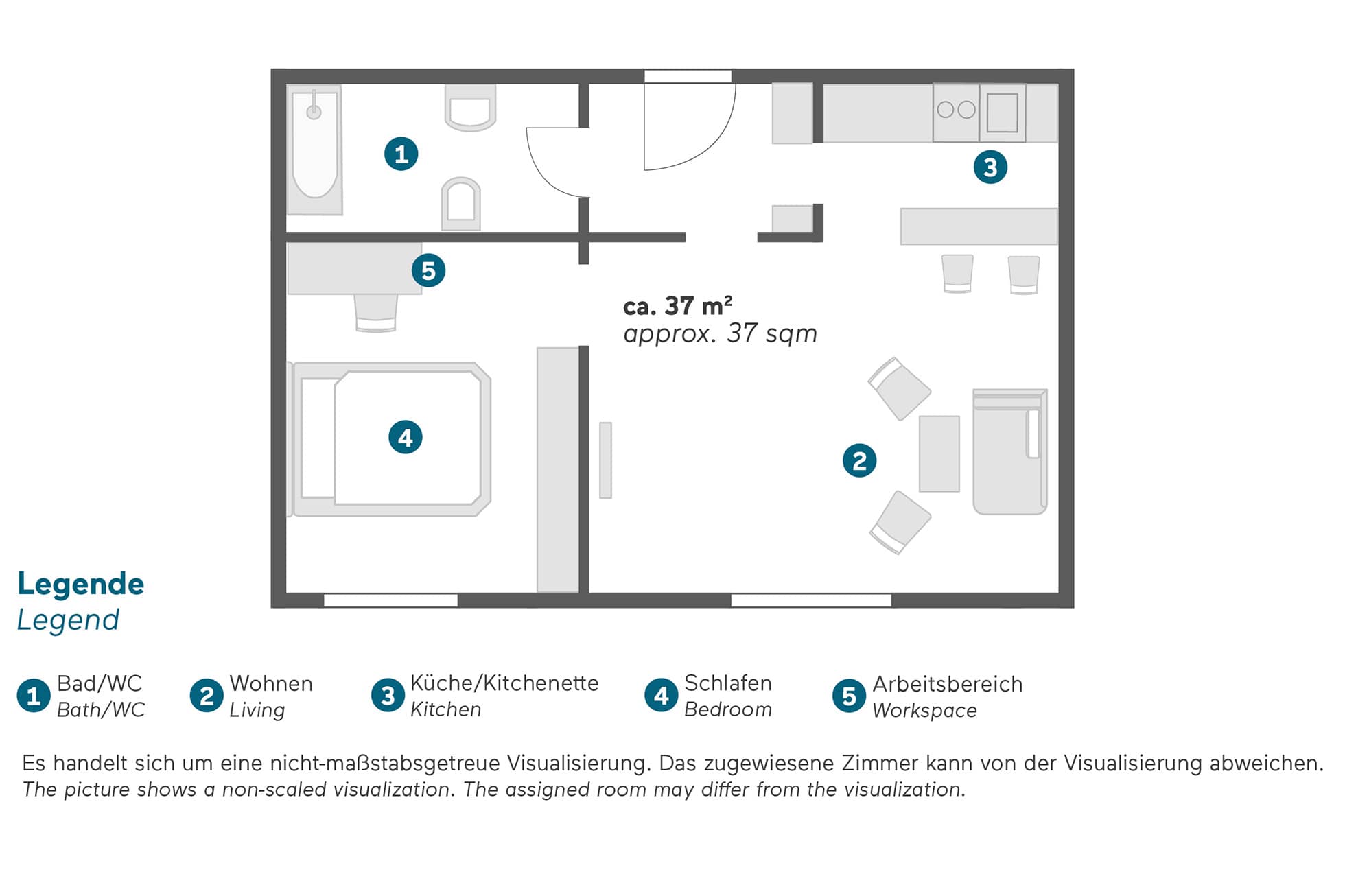 Living Hotel De Medici Executive Grundriss Querschnitt des Zimmer Aufbaus