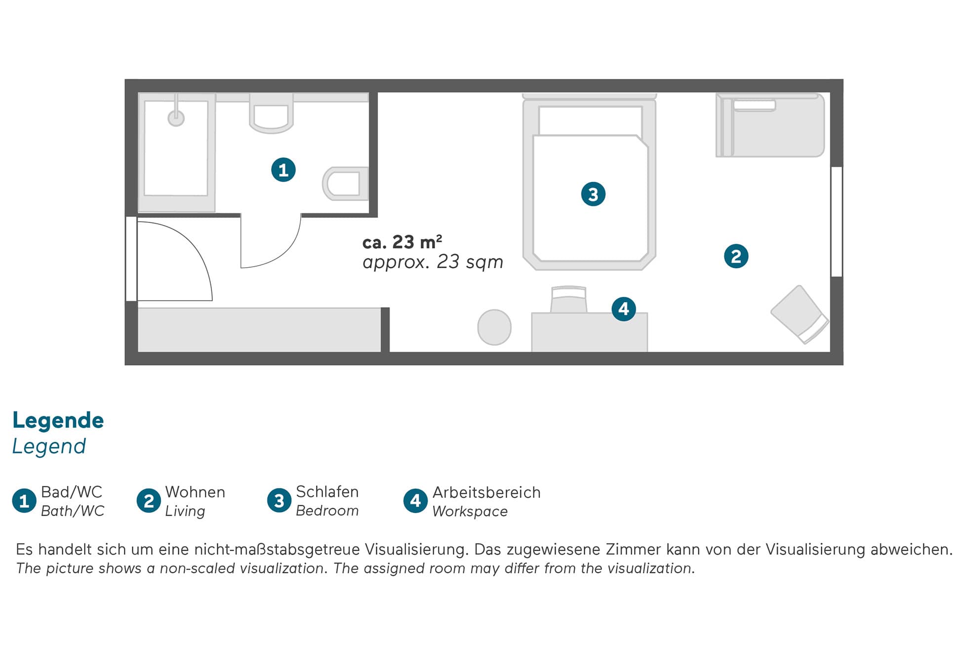 Schematischer Grundriss eines ca. 23 m² großen Hotelzimmers mit Bad/WC, Wohnbereich, Schlafbereich und Arbeitsplatz, nummeriert dargestellt.