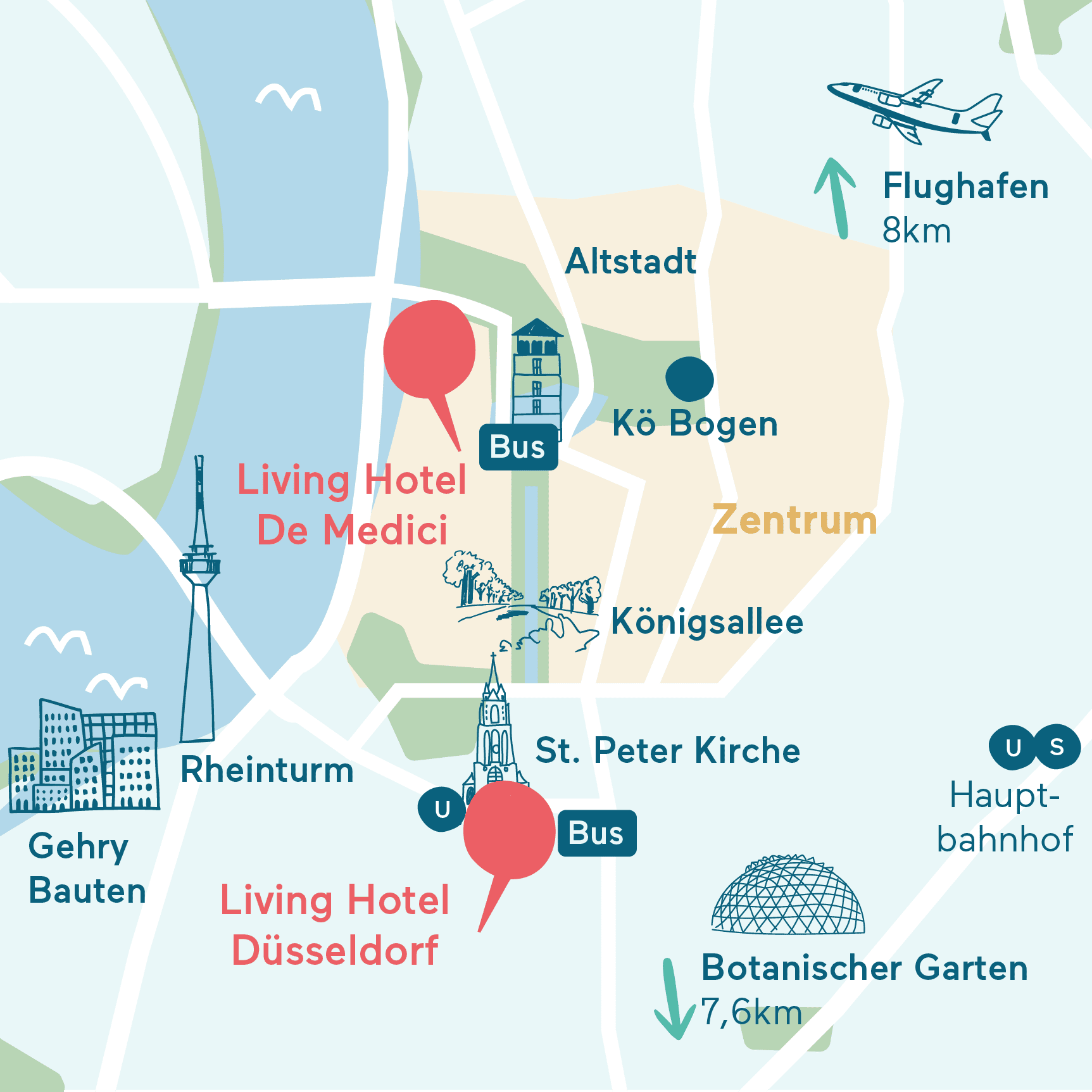Karte Sehenswürdigkeiten Düsseldorf Living Hotels Grafische Darstellung der Hotel Standorte in Düsseldorf
