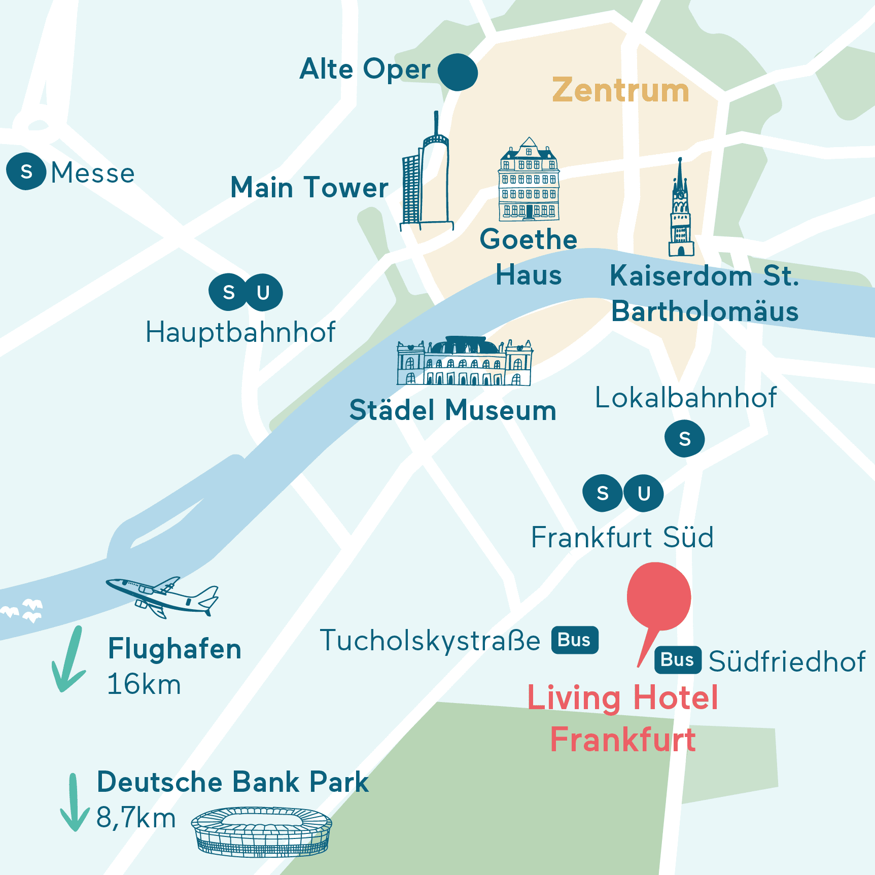 Anfahrt&Parken Karte Living Hotel Frankfurt Grafische Darstellung des Hotel Standorts