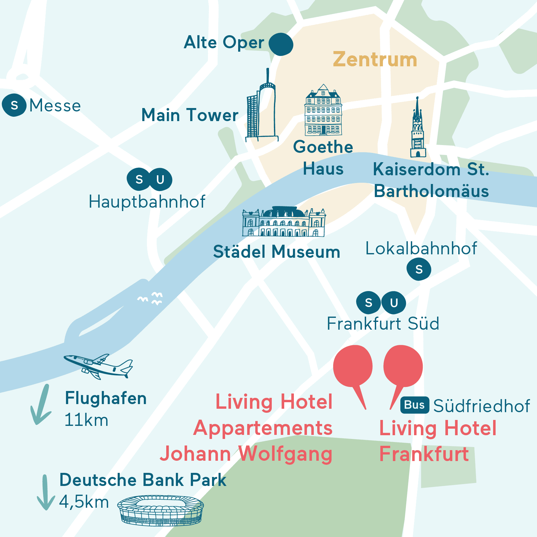 Karte Sehenswürdigkeiten Frankfurt Living Hotels Grafische Darstellung der Hotel Standorte in Frankfurt