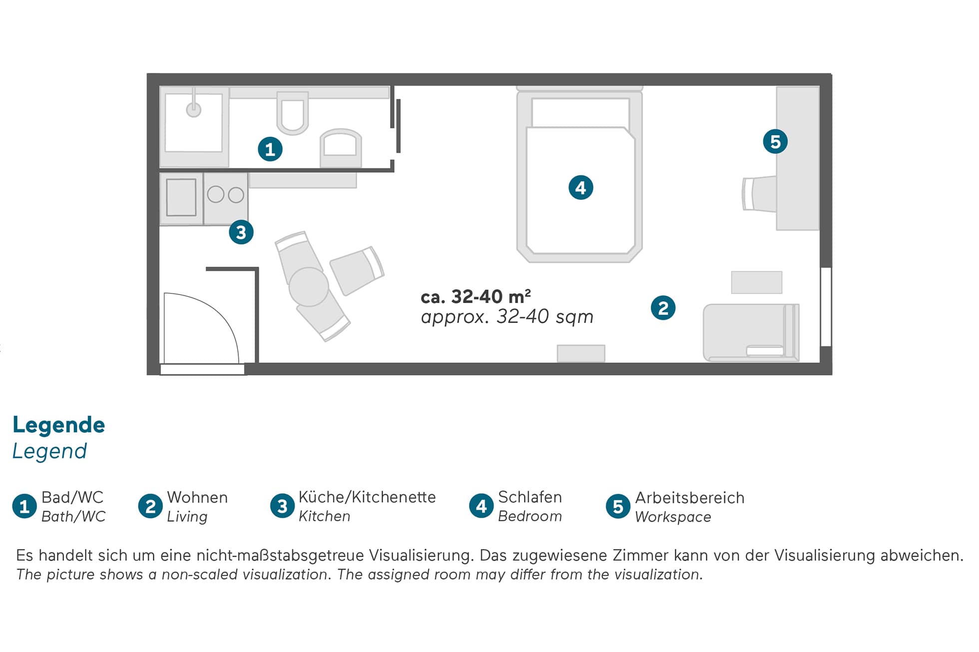 Living Hotel Das Viktualienmarkt Business Plus Grundriss Raumaufteilung eines Serviced Apartments