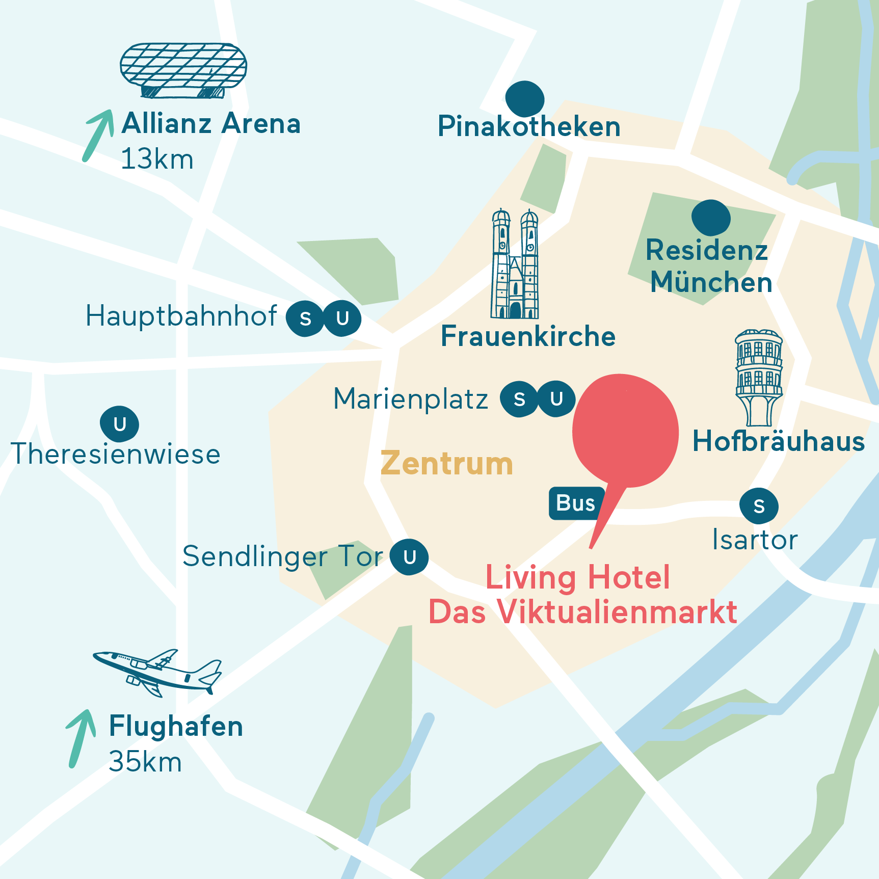Anfahrt&Parken Karte Living Hotel Das Viktualienmarkt Grafische Darstellung des Hotel Standorts