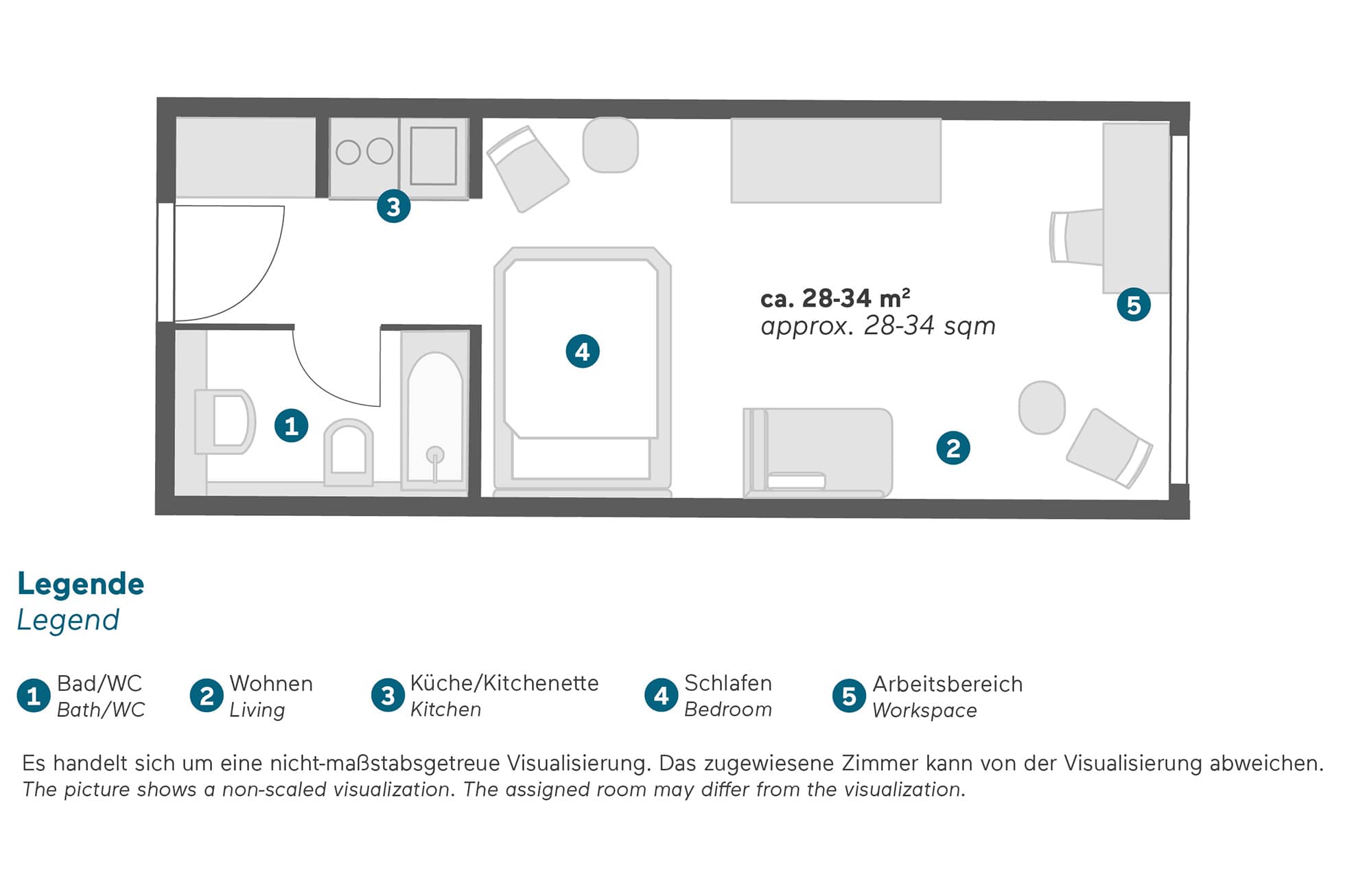 Living Hotel Prinzessin Elisabeth Doppel Grundriss Zimmeraufbau vom Serviced Apartment in München