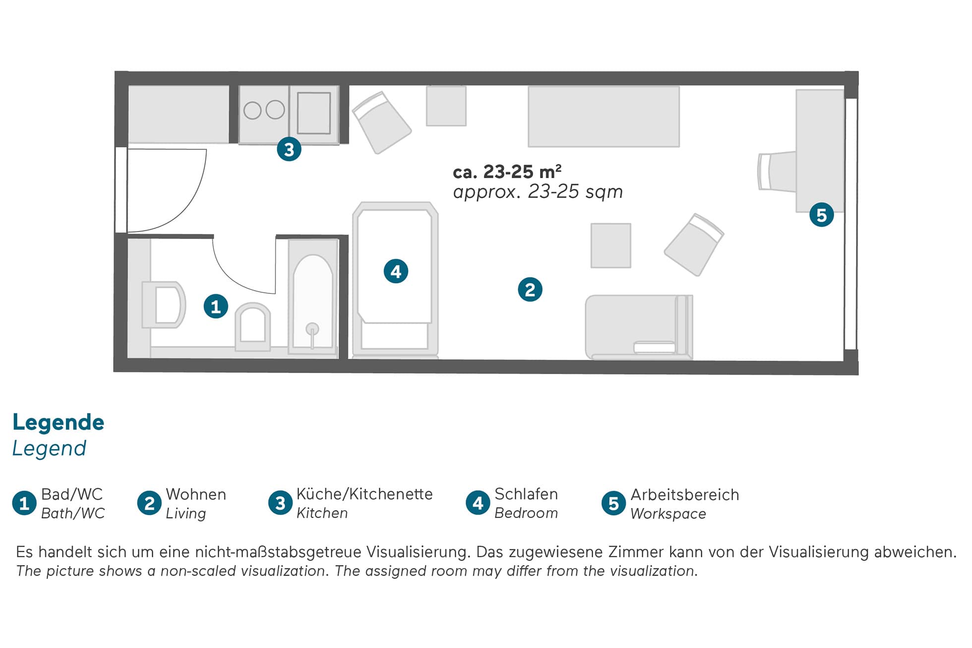 Living Hotel Prinzessin Elisabeth Einzel Grundriss Aufbau des Serviced Apartments in München