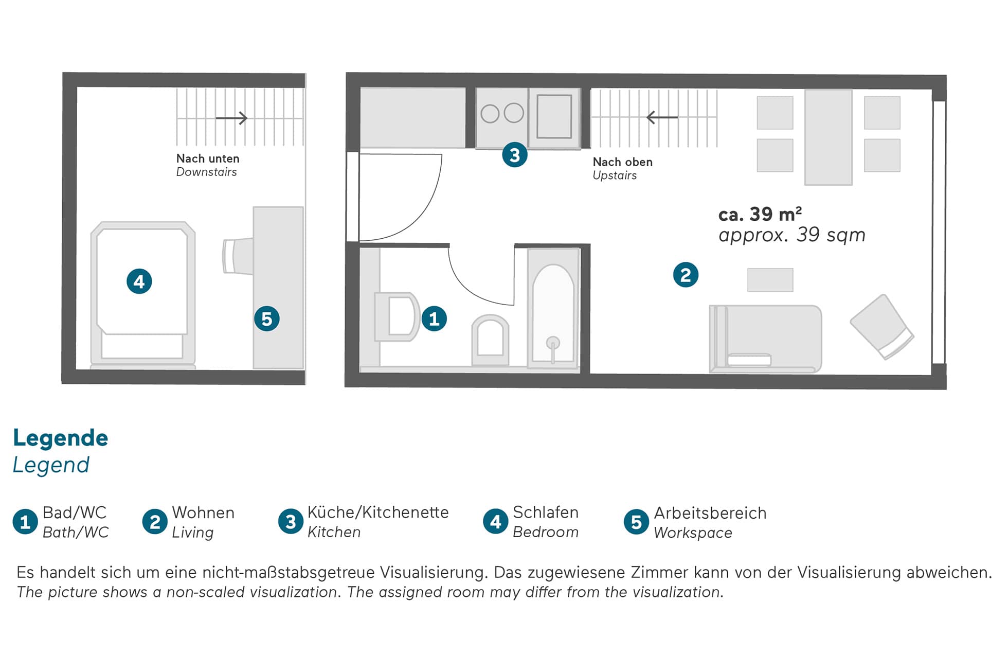 Living Hotel Prinzessin Elisabeth Maisonette Grundriss Aufbau des zweistöckigem Serviced Apartment