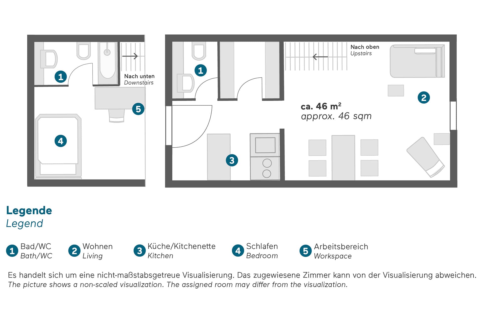 Living Hotel Prinzessin Elisabeth Superior Maisonette Grundriss Raumaufteilung im Serviced Apartment in München