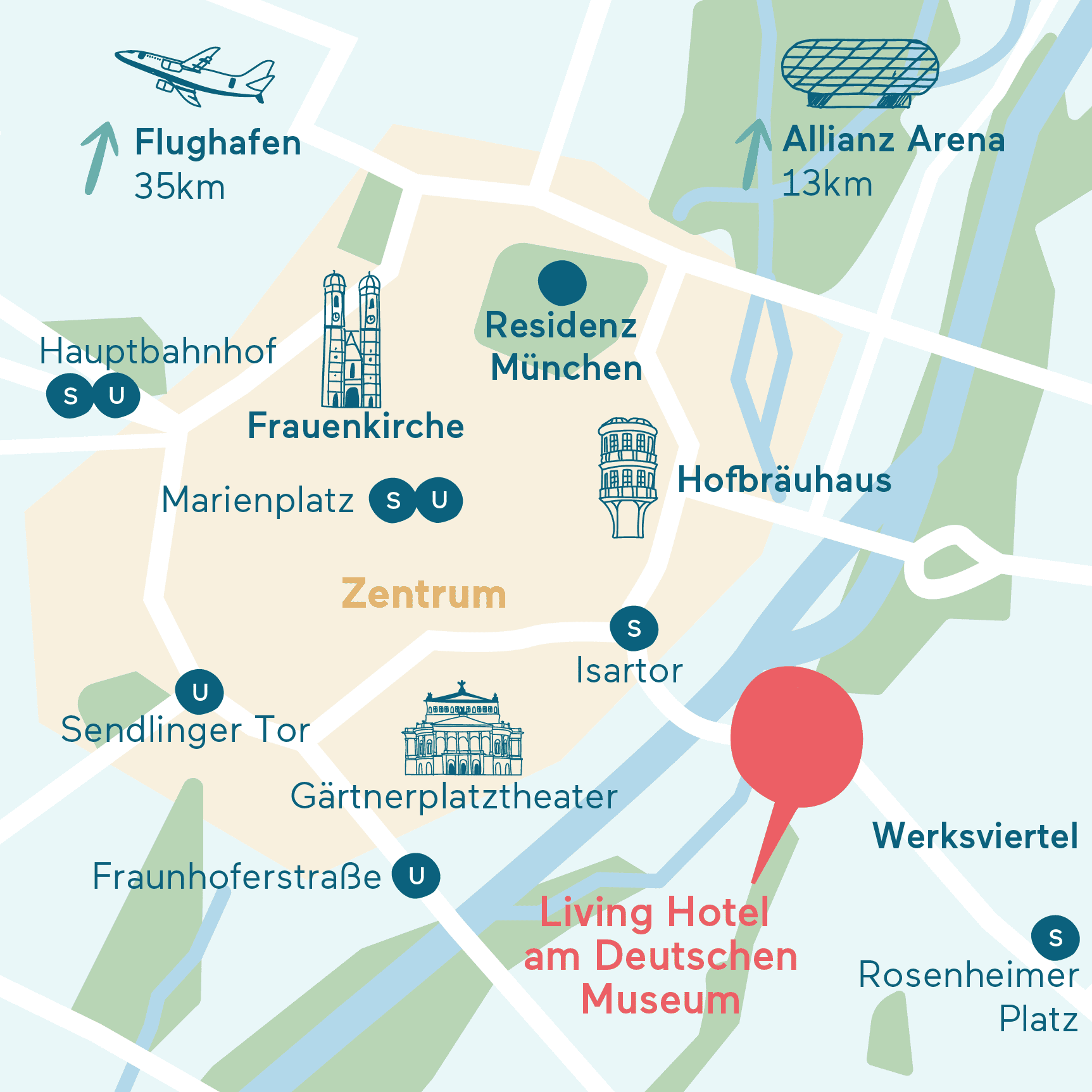 Anfahrt&Parken Karte Living Hotel am Deutschen Museum Grafische Darstellung des Hotel Standorts