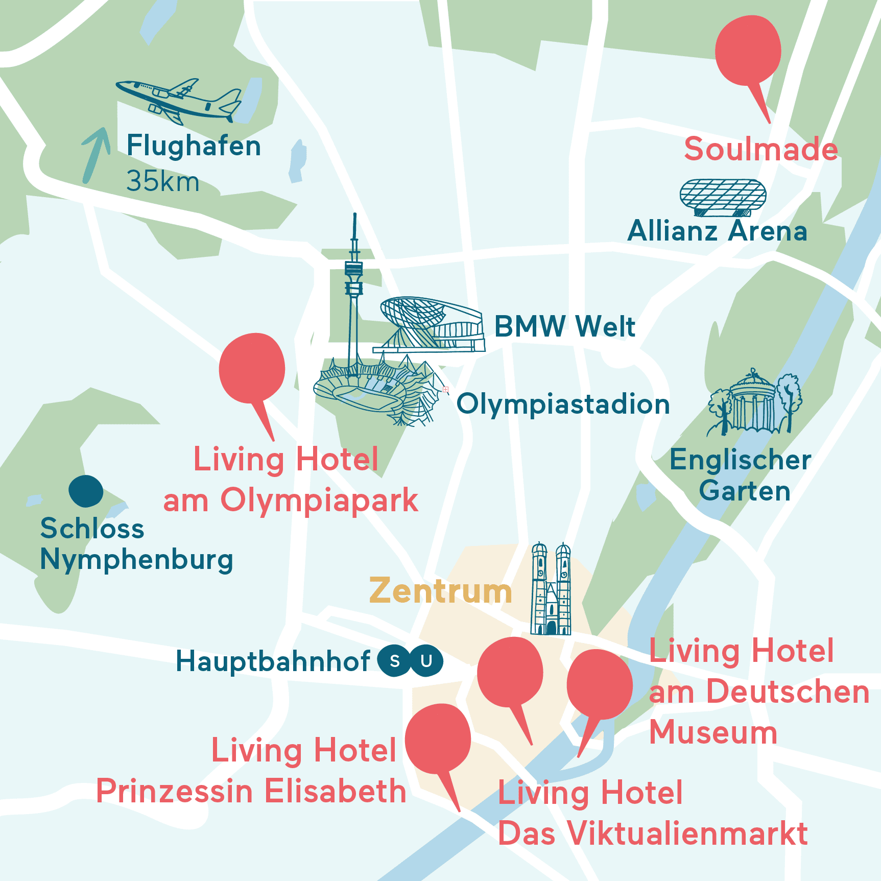 Karte Sehenswürdigkeiten München Living Hotels Grafische Darstellung der Hotel Standorte in München