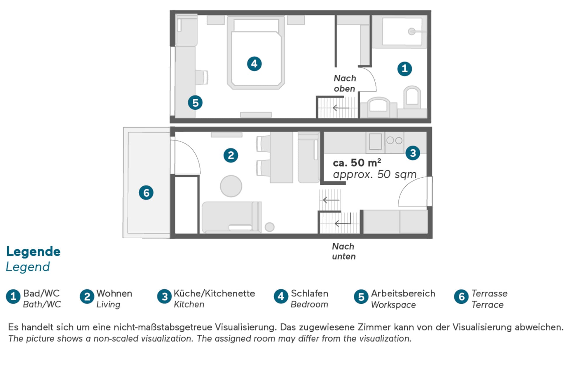 Living Hotel Nürnberg Maisonette Grundriss Grundriss des modernen Apartments