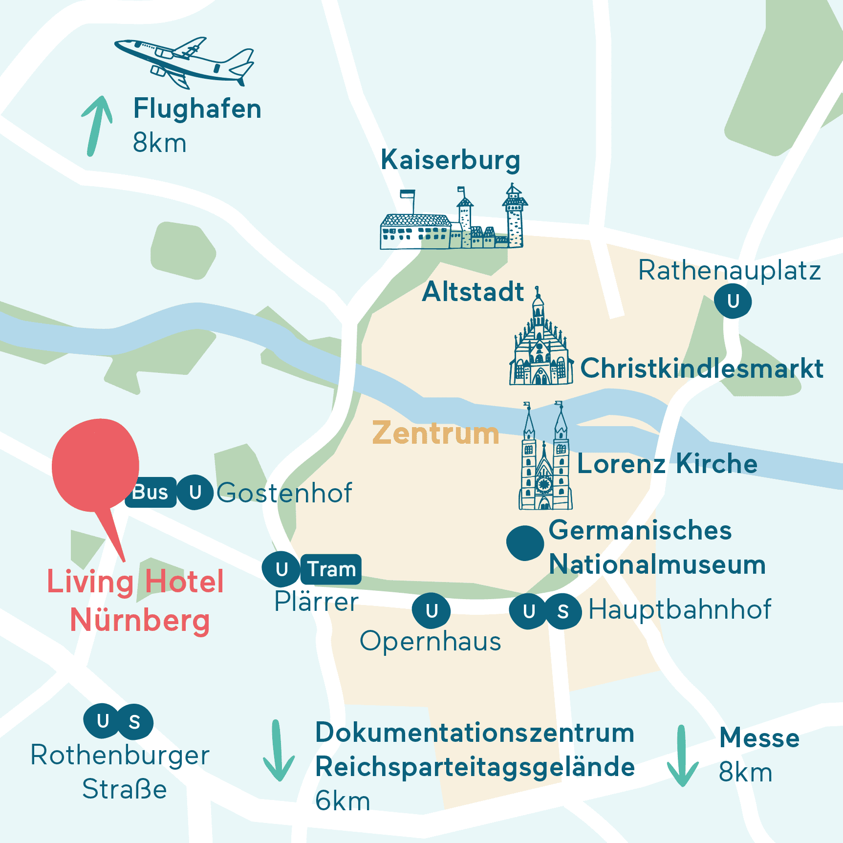 Anfahrt&Parken Karte Living Hotel Nürnberg Grafische Darstellung des Hotel Standorts