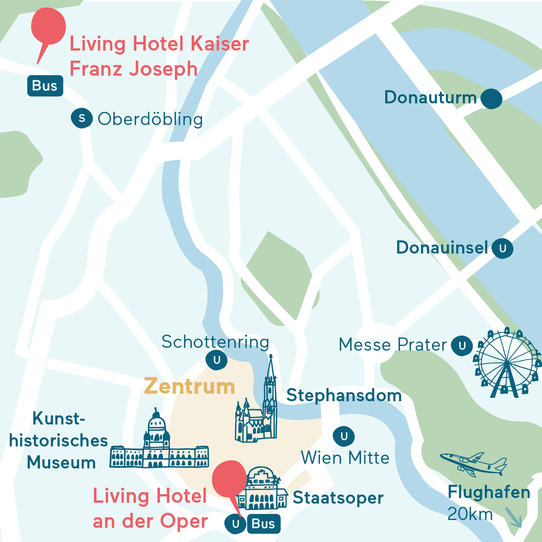 Schematische Stadtkarte von Wien mit Markierungen für das Living Hotel an der Oper und das Living Hotel Kaiser Franz Joseph sowie wichtigen Sehenswürdigkeiten und Verkehrsanbindungen wie Stephansdom, Staatsoper, Donauturm, U-Bahn und Bus.